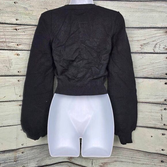 Debut S/M Black Balloon Sleeve Cropped Sweater NWT - Picture 5 of 8